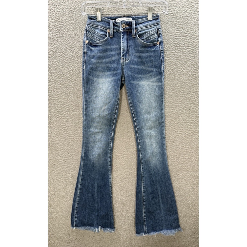 Kancan Jeans Girls 23 Blue‎ Flare High Rise Back Seam Raw Hem Distressed Denim